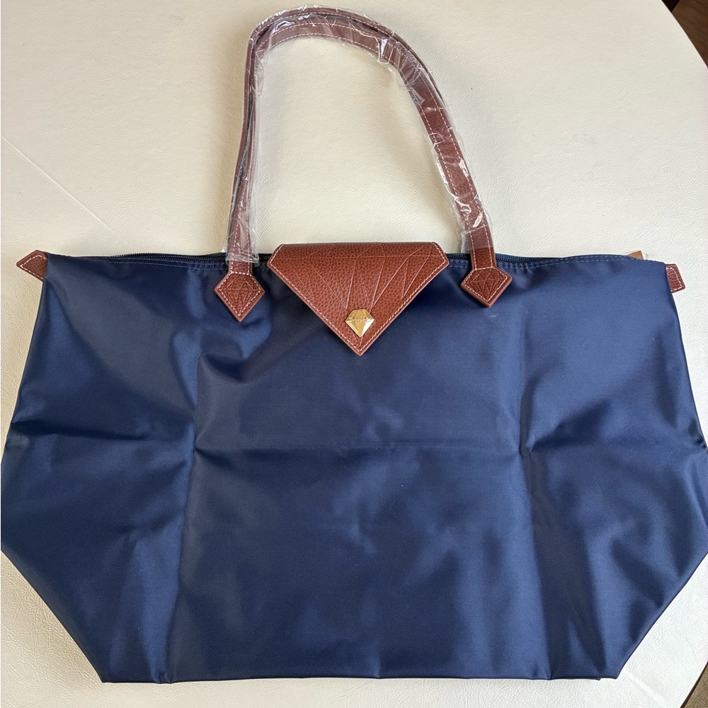 Navy Blue Tote Bag with Brown Accents